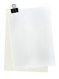 Blank graph paper clipped to a plain sheet. Graph paper with grid lines. Office supplies with graph paper. Graph paper for notes or sketches. Paper element isolated on white background.