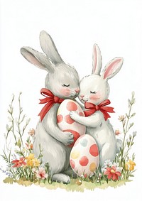 Bunny hugging easter egg bunnies flowers ribbons.