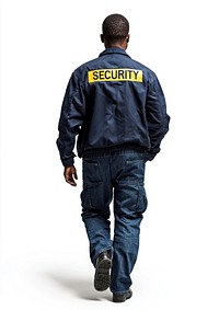 Security guard walking jacket back view.