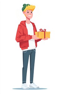 Teen man holding a gift box illustration jacket beanie.