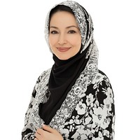 The woman is wearing an elegant black and white floral print headscarf smile clothing lace.