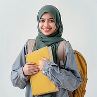 Young muslim girl smile backpack positive.