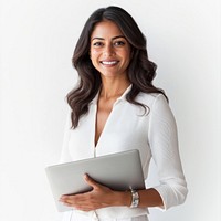 Portrait of happy business woman in her 30s laptop professional holding.