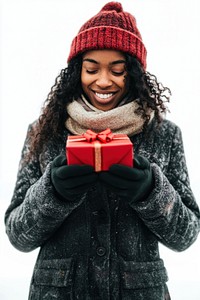 Black woman in winter background clothing festive.