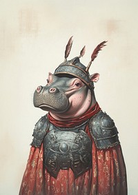 A Baby Hippopotamus wearing with Viking warrior costume animal painting human.