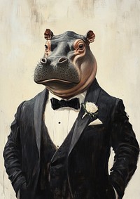 A Baby Hippopotamus wearing with taxido fro groom in wedding painting animal hippo.