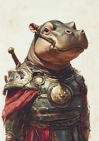 A Baby Hippopotamus wearing with Greek warrior costume animal hippo painting.