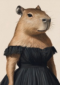 A female capybara wearing witha spaghetti strap dress black dress as in painting Madame X by Singer Sargent animal illustration wildlife.