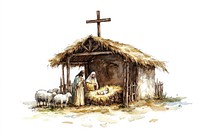 Nativity scene cross sheep illustration.