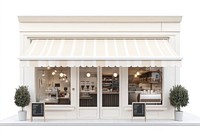 Coffee shop facade awning plants view.