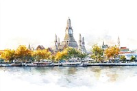 Wat Arun in Thailand architecture watercolor landmark.