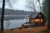 Tiny house in the woods lakeside scenery nature.