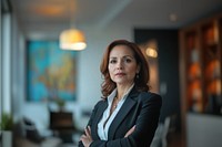 Hispanic business woman in her 40s standing in the office professional executive interior.