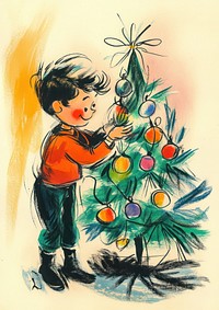 Kid decorating christmas tree illustration graphics publication.