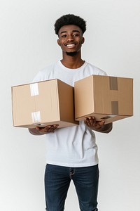 Carrying boxes and a cardboard box man package white.