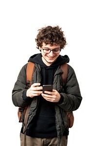 Young men is smiling while looking at his phone man background backpack.