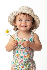 Toddler in a floral romper and sunhat flower daisy portrait.