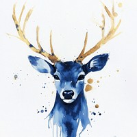 Indigo deer watercolor wildlife painting.