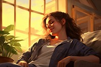 Young woman is relaxing plant sunlight smile.