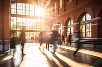 Long-exposure photograph sunlight walking architecture.