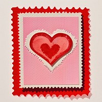 Vintage red postage stamp with heart retro paper collage design pink illustration.