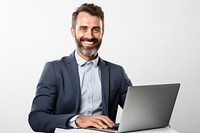 Smiling man with a laptop professional electronics environment.