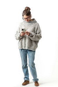 Woman using cell phone sweater background jeans.