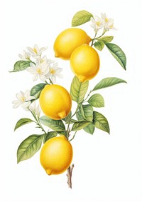 Lemon branch with flower lemon fruit illustration botanical.