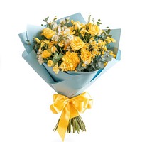 A beautiful bouquet of yellow pastel flowers ribbon roses blue.