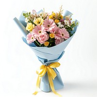 A beautiful bouquet of pink and yellow pastel flowers ribbon blue yellow ribbon.