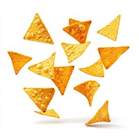 Falling triangular tortilla chips nachos snack food.