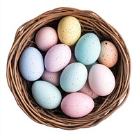 Easter eggs in a basket pastel easter colors.