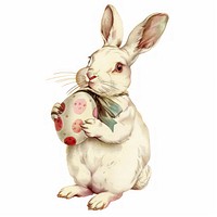 White rabbit holding egg illustration vintage easter.