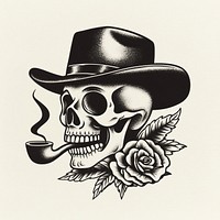 Skull wearing hat and tobacco pipe art illustration vintage.