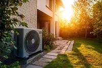 Modern air-source heat pump in front of a modern house outdoors environmentally conditioning.