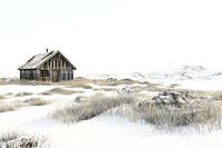 Winter tundra landscape with wood cabin nature transportation architecture.