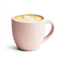 A ceramic white mug of artist pink latte beverage coffee cup.