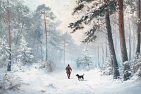 Winter pine forest borders outdoors painting walking.