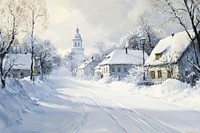 Winter village borders painting houses snow.