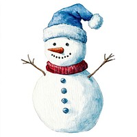 Christmas snowman wearing blue watercolor winter hat.