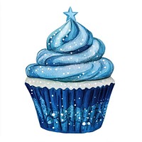 Blue Christmas cupcake watercolor dessert illustration.