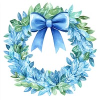 Blue Christmas fluffy wreath watercolor green leaf.