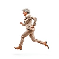 Mature businesswoman running white suit recreation.