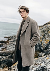 Wearing minimal beige oversize wool coat apparel style clothing.