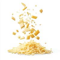 Grated Gouda cheese food explosion floating.