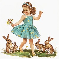 Little girl with dancing rabbits illustration flowers.