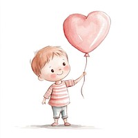 A cute baby boy in pink holding heart-shaped balloon watercolor illustration playful.