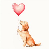 A cute golden retriever in pink holding heart-shaped balloon watercolor animal dog.