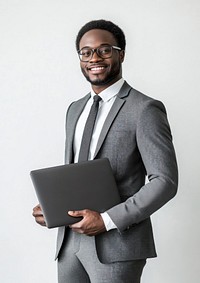 An american man wearing a business outfit laptop smile suit.