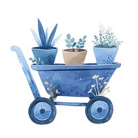 A blue wheelbarrow with flower pots illustration watercolor plants.